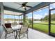 Enclosed lanai showcases outdoor dining with scenic waterfront views for relaxation and entertainment at 16898 Balance Cv, Land O Lakes, FL 34638