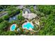 A bird's eye view displays a clubhouse with pools, landscaping, and mature trees at 17203 Talence Ct, Tampa, FL 33647