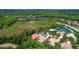 An aerial view shows lush landscaping, multiple homes, and a nearby lake at 17203 Talence Ct, Tampa, FL 33647