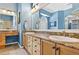 Elegant bathroom with dual vanities, granite countertops, ample storage, and a large framed mirror above at 17203 Talence Ct, Tampa, FL 33647