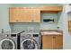 Modern laundry room with stainless steel washer and dryer, wooden cabinets, sink, and decorative whale artwork at 17203 Talence Ct, Tampa, FL 33647