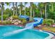 A community pool with a winding water slide surrounded by rocks and greenery at 17203 Talence Ct, Tampa, FL 33647