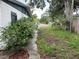 Side yard featuring a cracked concrete path, an overgrown bush, and street view at 1835 15Th S Ave, St Petersburg, FL 33712