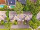 Overhead aerial view of townhomes with landscaped yards and a central parkway at 3209 Meta Ct, Largo, FL 33771