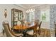 Chic dining room with unique lighting, elegant blue patterned curtains, and modern decor elements at 4973 Antiquity Way, Sarasota, FL 34240
