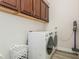 A modern laundry room with a washer, dryer, and storage cabinets provides convenience and organization at 4973 Antiquity Way, Sarasota, FL 34240