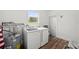 Bright laundry room features a modern Samsung washer and dryer set, a window, and wooden floors at 549 39Th Ne Ave, St Petersburg, FL 33703