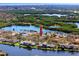 Aerial view showcasing a home's prime location on the lake, with lush greenery, and mature trees for waterfront living at 944 San Carlos Ne Ct, St Petersburg, FL 33702