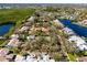 Expansive aerial view highlighting a neighborhood's serene waterfront location with mature trees, tranquil lake views and lush landscapes at 944 San Carlos Ne Ct, St Petersburg, FL 33702