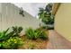 Professionally landscaped area along side of home with decorative frog at 1051 Glynwood Pl, Dunedin, FL 34698