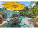 Outdoor dining area near a private pool and lush landscaping, perfect for enjoying meals in the fresh air at 111 29Th W St, Bradenton, FL 34205
