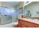 Bathroom with frosted glass shower door, vanity, and sink at 1407 Brattleboro Cir, Sun City Center, FL 33573