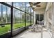 Relaxing screened porch with ceiling fan and a peaceful view of the backyard and pond at 27209 Firebush Dr, Wesley Chapel, FL 33544