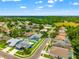 Aerial view of a residential area showcasing neat streets, mature trees, and various home styles with pools at 28390 Openfield Loop, Wesley Chapel, FL 33543