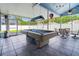 Relaxing screened lanai with pool table and outdoor furniture at 28390 Openfield Loop, Wesley Chapel, FL 33543