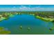 Stunning aerial view of a serene lake surrounded by lush greenery and scattered homes at 2847 Mossy Timber Trl, Valrico, FL 33596
