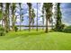 Picturesque backyard with mature trees and lush green lawn, offering serene views of the lake at 9827 Sorbonne Loop, Seffner, FL 33584