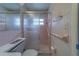This pink bathroom features a step-in shower with safety bars at 10005 41St N St, Pinellas Park, FL 33782