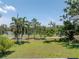 Expansive backyard featuring lush green grass and mature trees overlooking a pond and greenway at 167 Almedo Ne Way, St Petersburg, FL 33704