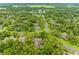 Tranquil aerial shot of a suburban neighborhood showcasing tree-lined streets and well-spaced homes nestled among green foliage at 17802 Mission Oak Dr, Lithia, FL 33547