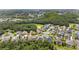 Aerial view showcasing a community with varied home styles nestled among trees and a small lake at 3148 Watermark Dr, Wesley Chapel, FL 33544