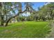 Expansive grassy backyard featuring mature trees, a fence line, and distant views of a lake at 32136 Conchshell Sail St, Wesley Chapel, FL 33545