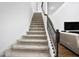 Elegant staircase with carpeted steps, decorative wrought iron railing, and wood accents at 3559 Maple Bay Ln, Land O Lakes, FL 34638
