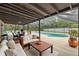 Stylish poolside patio area featuring comfortable seating, dining space, and tranquil views of the refreshing pool at 4044 Red Fox Ct, Wesley Chapel, FL 33543