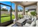 Relaxing screened-in patio featuring comfortable seating, lush greenery, and an open view of the backyard at 5006 Jackel Chase Dr, Wimauma, FL 33598