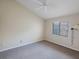 Bedroom featuring carpet, ceiling fan, a lamp, and a window bringing in natural light at 5519 Reflections Blvd, Lutz, FL 33558