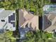 Aerial view of a home featuring a brown roof, green trees, and community pool at 10244 Shadow Branch Dr, Tampa, FL 33647