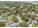 Aerial view highlights a neighborhood featuring lush greenery, diverse houses, and proximity to a waterfront at 1909 Dover Ct, Oldsmar, FL 34677