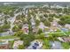 An aerial view of a residential neighborhood with mature trees, varied home styles, and green spaces at 1909 Dover Ct, Oldsmar, FL 34677