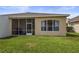 The backyard has a screened in patio area, a grassy lawn, and a view of the home's exterior at 2616 Tottenham Dr, New Port Richey, FL 34655