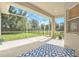 Screened-in patio with a stylish blue rug, perfect for outdoor relaxation and entertaining at 30753 Pumpkin Ridge Dr, Wesley Chapel, FL 33543
