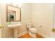 Elegant half bathroom with a pedestal sink, decorative mirror, and wood-look flooring at 3415 Heards Ferry Dr, Tampa, FL 33618