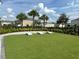 Well-manicured community cornhole lawn area for games and fun, featuring lush landscaping and shaded palm trees at 34234 Polacca Ln, Wesley Chapel, FL 33543