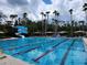 Community pool with lap lanes, waterslide, sun loungers, and palm trees, perfect for relaxation at 3901 Silverlake Way, Wesley Chapel, FL 33544