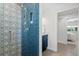 Close-up on the shower in the bathroom with designer blue and white patterned tiles, and shower niche at 454 35Th Ne Ave, St Petersburg, FL 33704