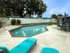 Backyard offers a sparkling pool, surrounded by concrete, with lounge chairs and a dining set for outdoor enjoyment at 4725 Soapstone Dr, Tampa, FL 33615