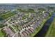 Expansive aerial view of a residential community with lakes, green spaces, and well-maintained homes at 6932 Old Benton Dr, Apollo Beach, FL 33572