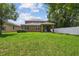 Expansive backyard showcasing lush green grass, a covered patio, and white privacy fencing at 10512 Scenic Hollow Dr, Riverview, FL 33578