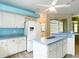 View of the kitchen with white appliances, blue walls, and a kitchen island at 1332 Osceola Hollow Rd, Odessa, FL 33556