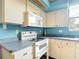 Close up of the kitchen with white appliances, blue walls, and bright cabinetry at 1332 Osceola Hollow Rd, Odessa, FL 33556