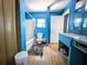 Blue bathroom features a shower, toilet, and sink at 14210 Downing St, Dover, FL 33527