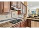 A kitchen featuring a gas stovetop with granite countertops, wooden cabinets, and a decorative tile backsplash at 16248 Ivy Lake Dr, Odessa, FL 33556