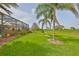 Expansive backyard with healthy lawn, mature trees, and screened pool enclosure at 1723 Pacific Dunes Dr, Sun City Center, FL 33573