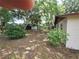 Backyard featuring mature trees, shrubbery, a fence and a storage shed at 21352 Lehouier Dr, Brooksville, FL 34601