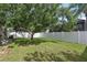Well-manicured backyard with a privacy fence, lush green lawn, and mature trees offering shade and tranquility at 34447 Windknob Ct, Wesley Chapel, FL 33545