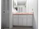 Neutral bathroom with a single sink vanity and storage cabinets and large mirror at 650 Island Way # 408, Clearwater Beach, FL 33767